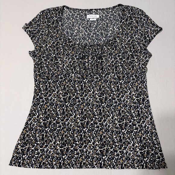 Van Heusen Black Tan White Floral Print Short Sleeve Top L Made in USA Stretch - Picture 5 of 11